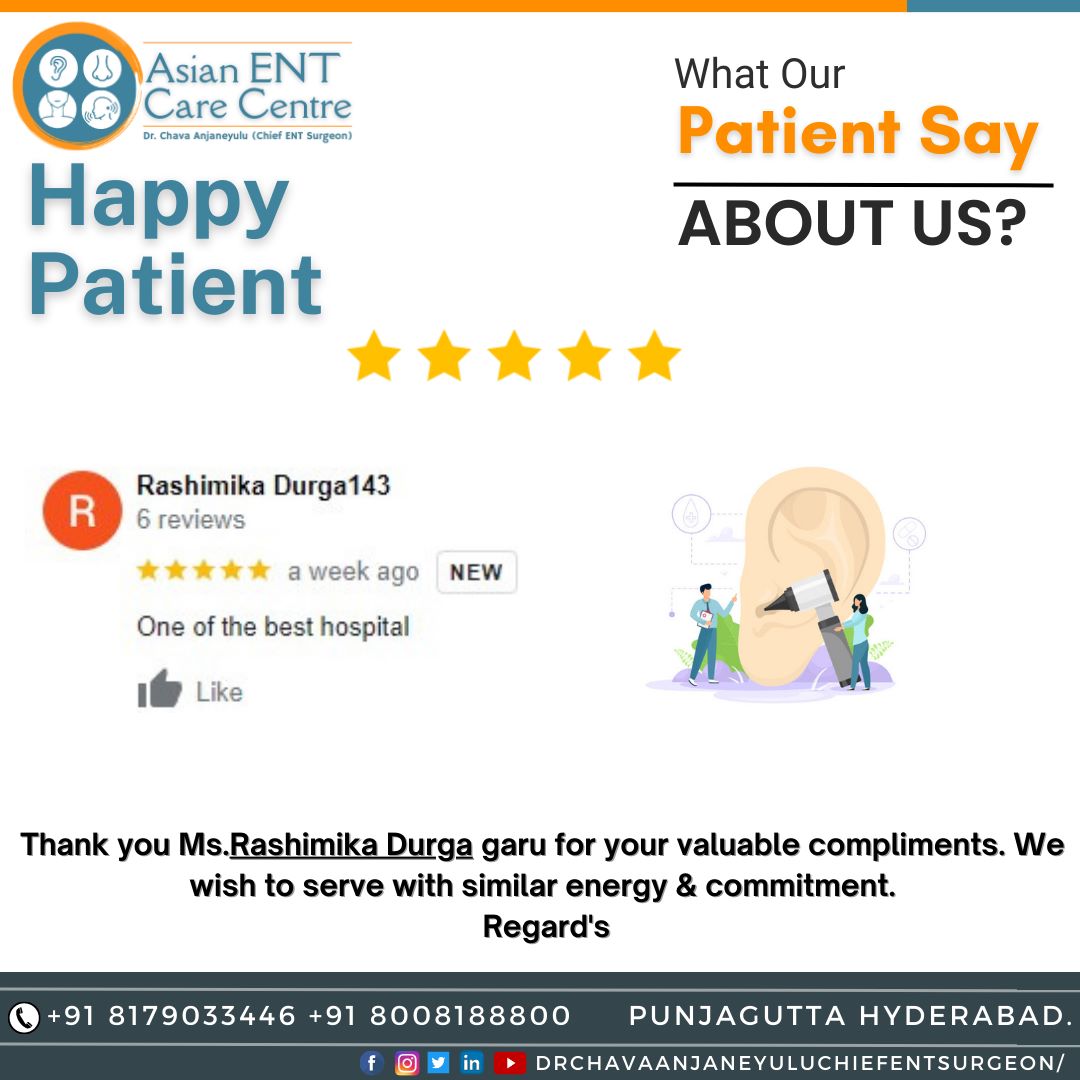 👆#SatisfiedPatient #HappyPatientsFeedback #PatientReview
👉Thank You For Your #ValuableFeedback Ms. Rashimika Durga Garu.....
👉Regard's #DrChavaAnjaneyulu #AsianENTcareCentre #BestENThospital #MostTrustedENTHospital in Hyderabad
#SaveTime & #SaveMoney