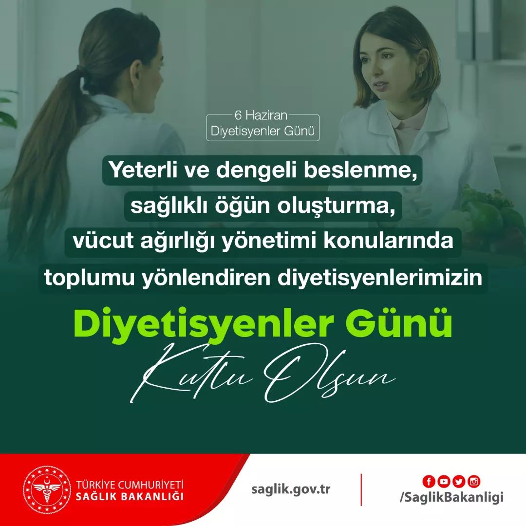 Yeterli ve dengeli beslenme, sağlıklı öğün oluşturma, vücut ağırlığı yönetimi konularında toplumu yönlendiren diyetisyenlerimizin #DiyetisyenlerGünü kutlu olsun.