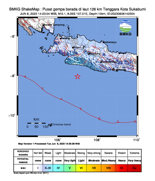 #Gempa (UPDATE) Mag:5.1, 06-Jun-23 14:23:04 WIB, Lok:8.05 LS, 107.01 BT (Pusat gempa berada di laut 126 km Tenggara Kota Sukabumi), Kedlmn:10 Km Dirasakan (MMI) III - IV Kab. Sukabumi, III Pelabuhan Ratu #BMKG