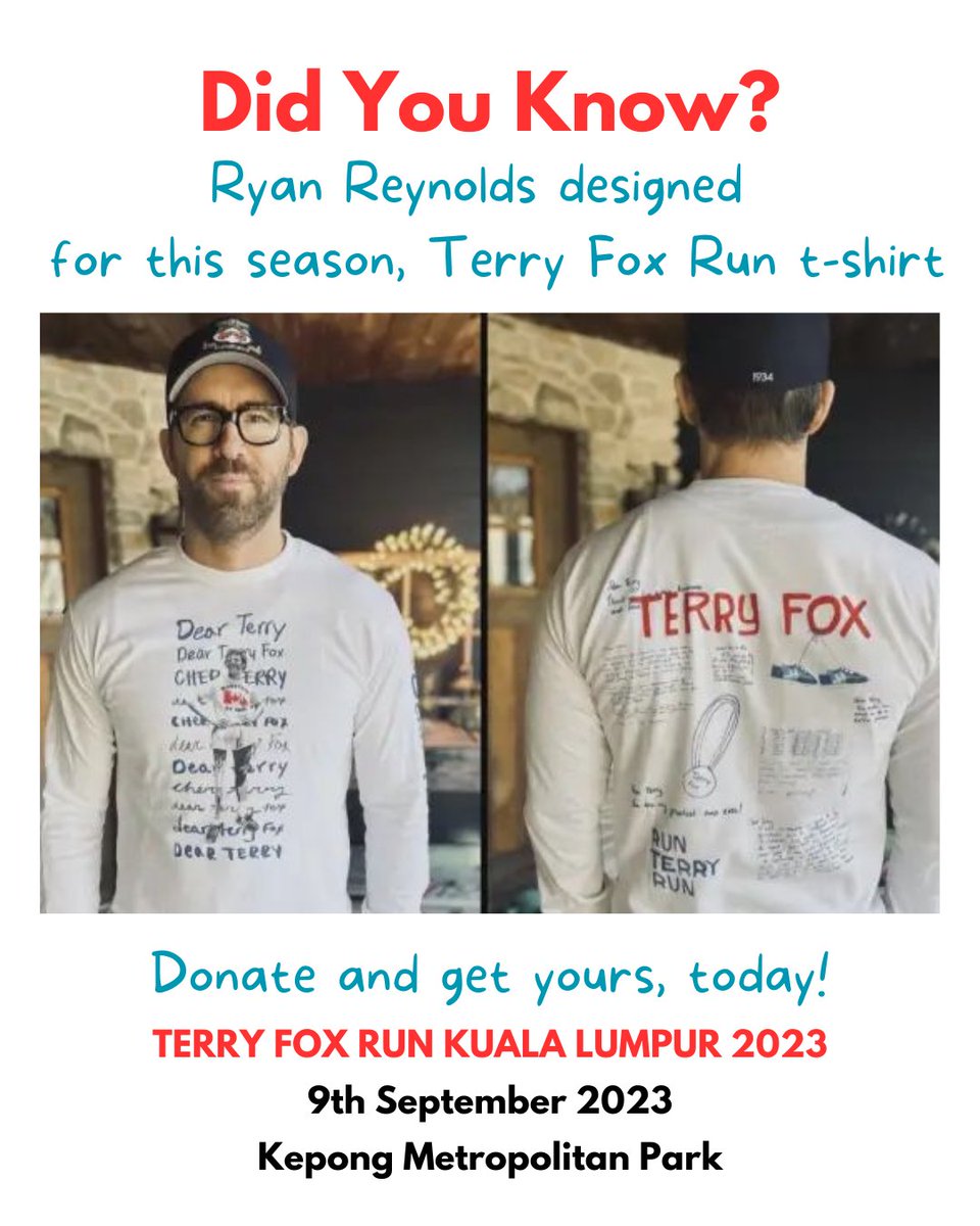 reversecancer's tweet photo. Yes, you read it right! This season Terry Fox Run t-shirt is designed by Ryan Reynolds.
This race is against cancer. All donations will go towards empowering cancer research.

Donate, register and get your very own Terry Fox Run t-shirt:
https://t.co/P35TXyABo3 https://t.co/z6rCZi4e9G
