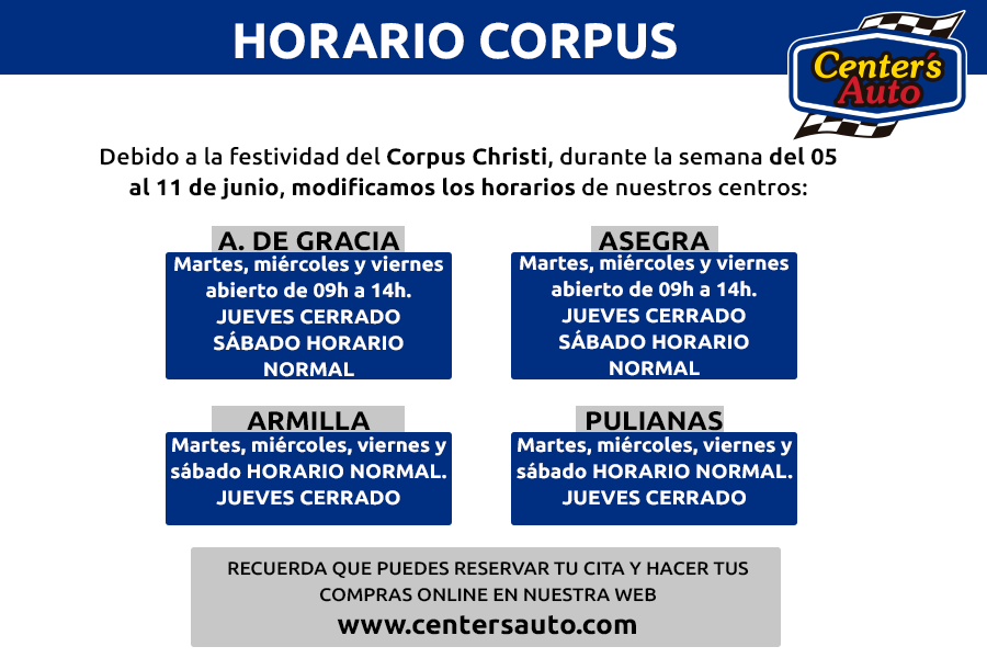 Con motivo de la festividad del Corpus Christi, modificamos los horarios de apertura de algunos de nuestros centros.
#centersautogranada #corpuschristi #horarios
