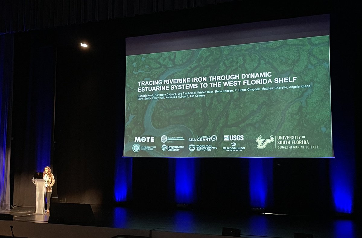 Fantastic talk this morning by @USFCMS @FloridaSeaGrant PhD student Hannah Hunt at @ASLO_Palma2023, with the first Fe and Fe isotope results from our very collaborative #NSFFunded #STING project. @GEOTRACES @USGS @FSU_EOAS @ODU_OES @WHOI  @OSUCEOAS @NSF @MoteMarineLab @MyFWC