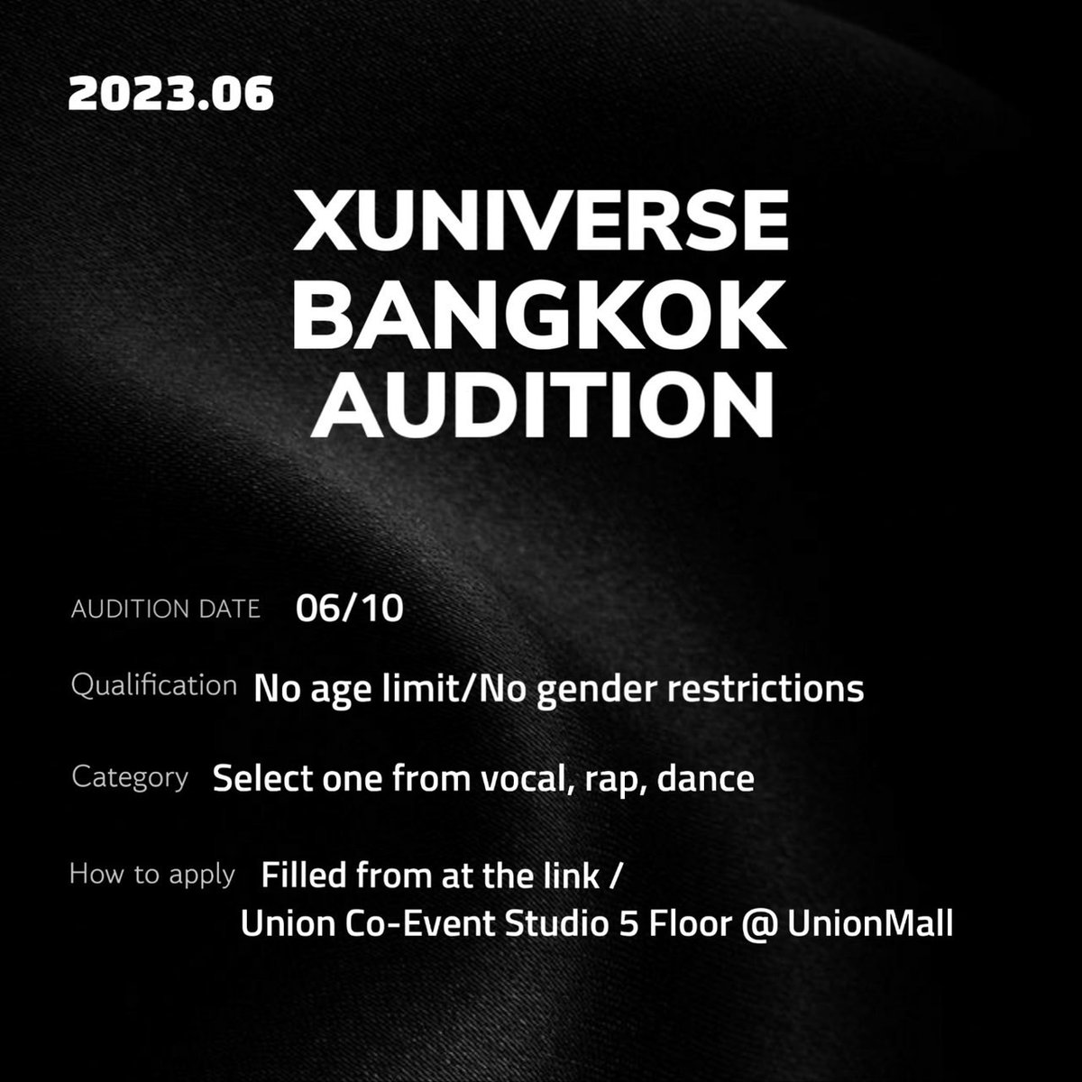 NEXT EVENT...
UNION CO-EVENT STUDIO PRESENT 
'XUNIVERSE BANGKOK AUDITION'
 📆10 MAY 2023
📍5Fl. UNION CO-EVENT STUDIO, UNION MALL

#MOREMOMENT #UNIONCOEVENTMALL #UNIONCOEVENTSTUDIO #UNIONMALL #ยูเนี่ยนมอลล์ #ออดิชั่น #Xuniverseaudition #XUniverse #audition