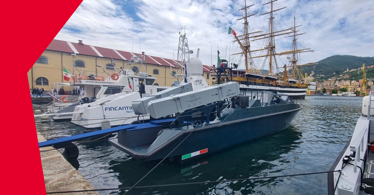 A #SEAFUTURE23 il nostro antinave Marte MK2/N, un missile “all-weather” e “fire and forget” con seeker attivo per utilizzo in scenari complessi, in mostra sul dimostratore di Baglietto FFC15 in versione antisurface warfare (ASuW).