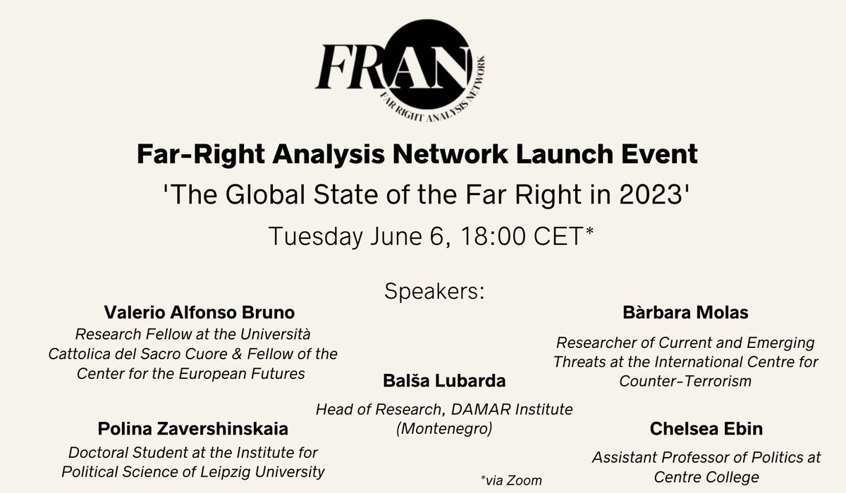 ⚠️Don't forget to join our launch event 'The Global State of the Far Right in 2023' today at 18:00 CET featuring FRAN Fellows @ValerioA_Bruno @zavershinskaia @LubardaB @barbaramolas @crrebin
You can still register here: bit.ly/41xXSCx