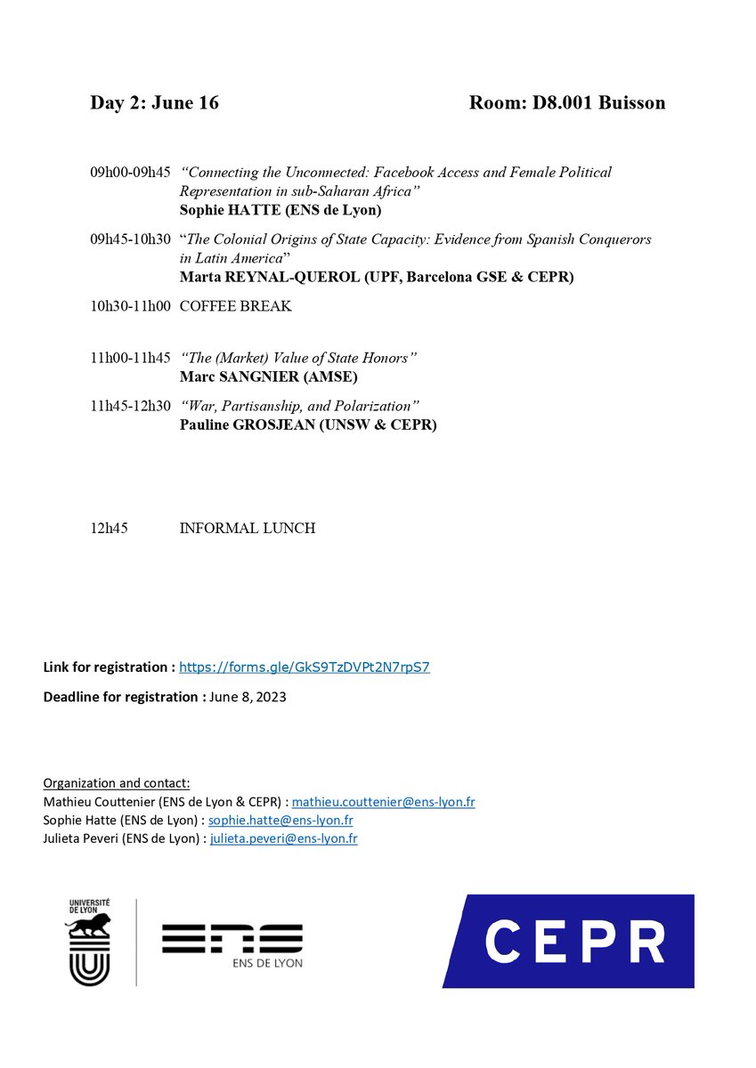 🚨@Sophie_Hatte <a href="/MatCoutt/">Mathieu Couttenier</a> and I are happy to share the program of the 11th #EcoNomicSday on Political leaders at @ENSdeLyon joint w/ <a href="/cepr_org/">CEPR</a> 

You can join us! Register at forms.gle/GkS9TzDVPt2N7r…

@lydia_assouad <a href="/OlleFolke/">Olle Folke</a> <a href="/VinPons/">Vincent Pons</a> P. Grosjean S. Ottinger M. Sangnier M.R-Querol