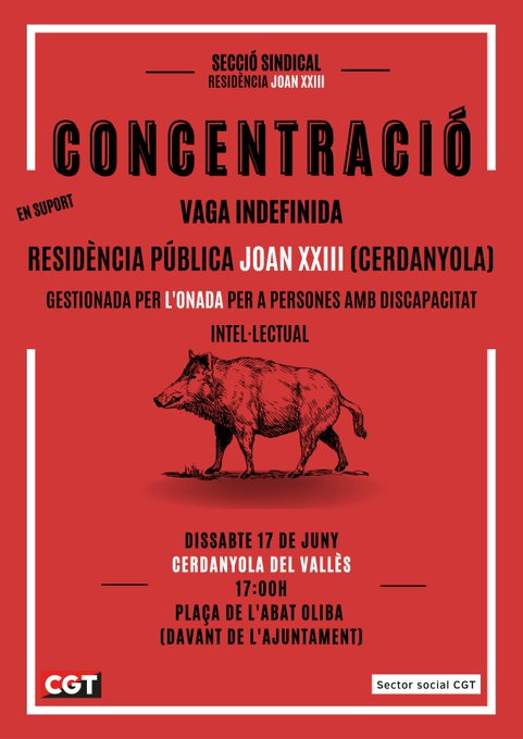 DISSABTE 17 DE JUNY donem suport a la vaga indefinida de les companyes de @CGTJoan23 per tal que @carlescampuzano @dsocialscat i @xxiii_l @LOnadaServeis acceptin negociar la millora de les seves insostenibles condicions laborals.

@sectorsocialCGT @CGTCatalunya #cerdanyola