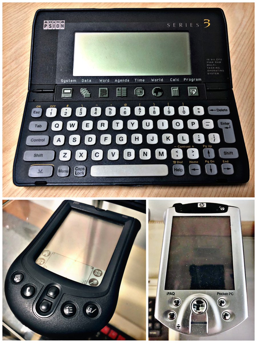 SWRetroComp's tweet photo. For today’s #RetroTrio we have the #Psion #Series3, #Palm #m185 and #HP #iPAQ. Which do you keep, gift and delete from history? #RetroComputing #ComputerHistory #VintageComputing https://t.co/NdgIPPIaVA