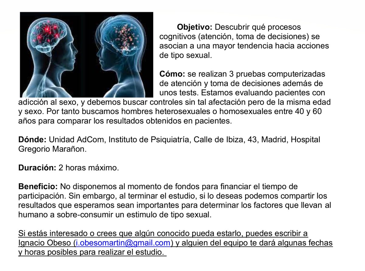 El grupo de investigación en Adicciones Comportamentales de <a href="/maranon_ips/">IPSMarañón</a> busca controles para un estudio sobre los procesos cognitivos que se
asocian con una mayor tendencia hacia acciones
de tipo sexual. Si estás interesado, contacta con i.obesomartin@gmail.com. Más información:
