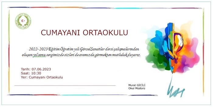 2022-2023 Eğitim Öğretim yılı Görsel Sanatlar dersi çalışmalarından oluşan yıl sonu sergimizde sizleri aramızda görmekten mutluluk duyarız.  <a href="/Aydin_MEM/">Aydın İl Millî Eğitim Müdürlüğü</a> <a href="/KoskMem/">Köşk MEM</a> <a href="/Selim_Karatas09/">Selim Karataş</a> <a href="/Murat051909/">Murat</a>