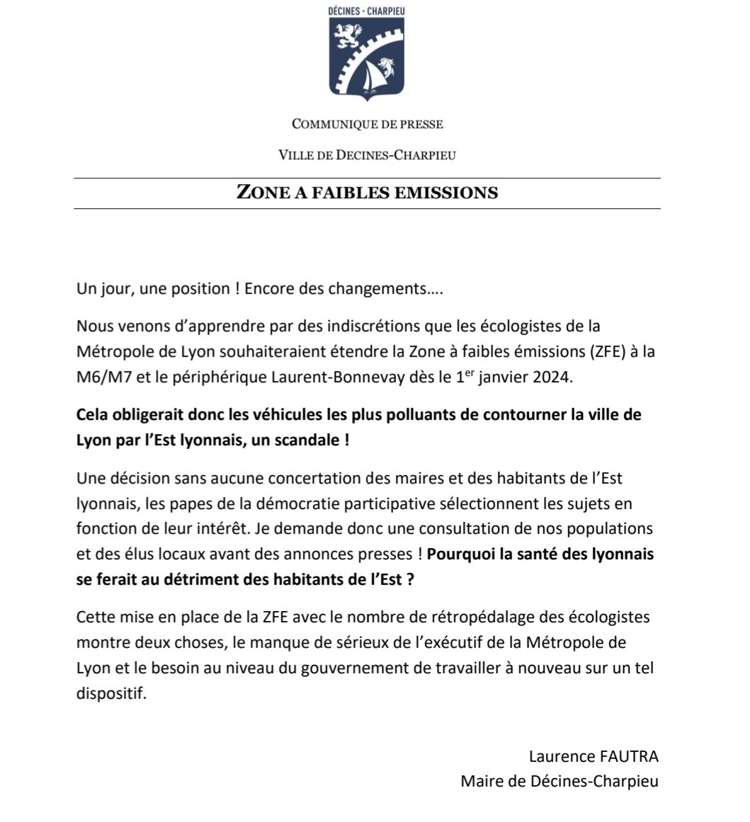 LaurenceFautra's tweet photo. Nous venons d'apprendre par le @Le_Progres un changement de position de l'exécutif du @grandlyon sur la ZFE. Pourquoi la santé des lyonnais se ferait au détriment des habitants de l'est lyonnais ? Nous voulons des explications ! 
#zfe #metropoledelyon #sante #environnement https://t.co/1RwKhCaUQr