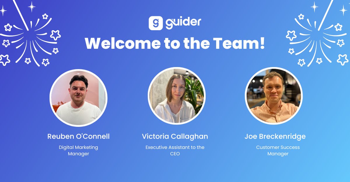 Join us giving a warm welcome to 3 new team members this morning!

We've got Joe Breckenridge, Victoria Callaghan and Reuben O'Connell joining the Guider team.

Welcome all, we're thrilled to have you on board 🙌

#Welcome #NewHires #Guider