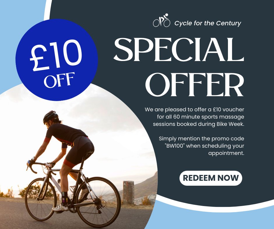 Happy 100th Bike Week! 
As a token of our support we are offering £5/£10 off your sports massage session. Please see the post for details of how to redeem. 
Wishing you many exciting and fulfilling cycling adventures during Bike Week 100! #NewcastleSportsInjuryClinic #BikeWeek100