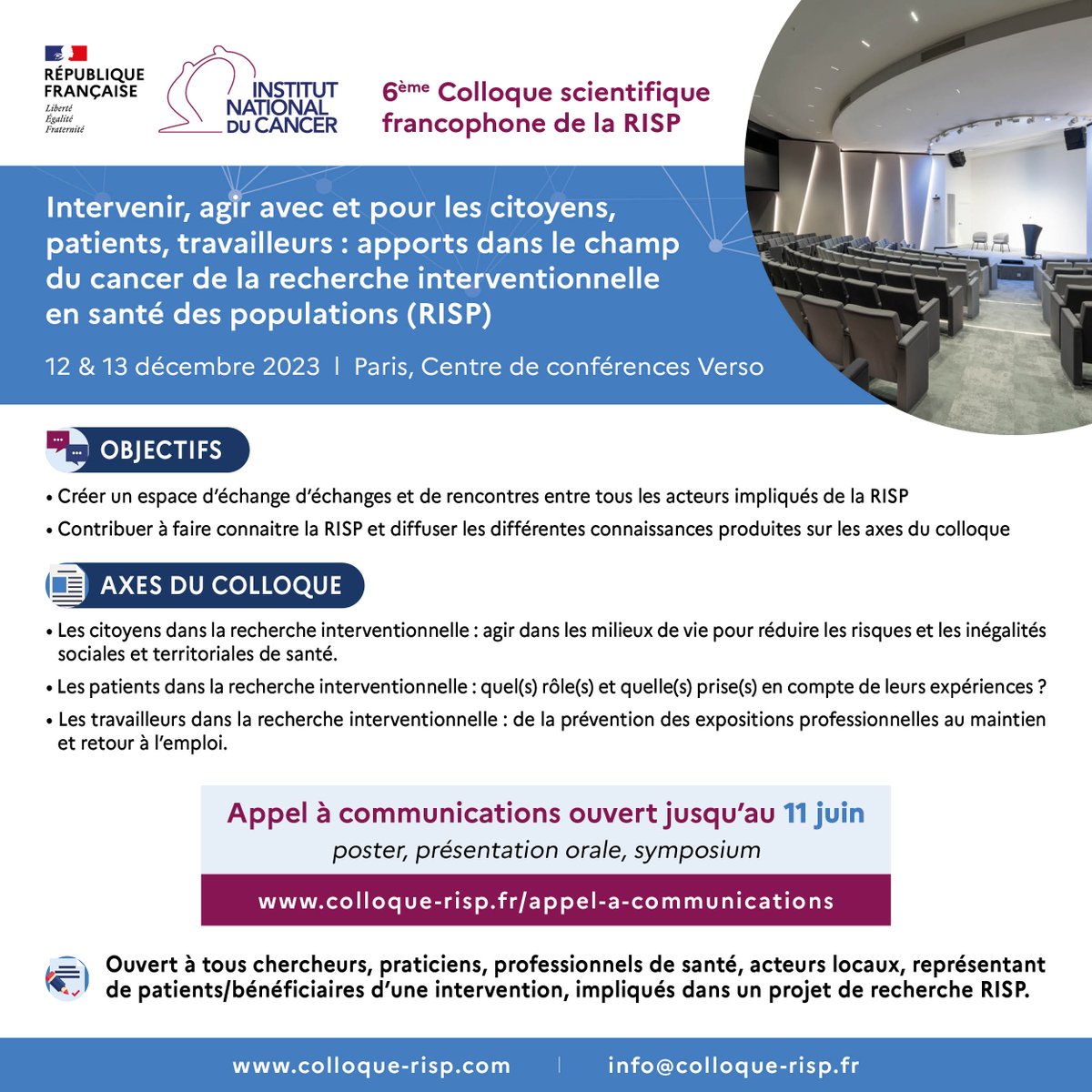 AnneFGuillemin's tweet photo. Save the date
Colloque scientifique de  @Institut_cancer  sur la #Recherche #Interventionnelle : "Intervenir, agir avec et pour les #citoyens, #patients, #travailleurs"
Derniers jours pour déposer #poster, #com_orale, #sympo, deadline #11_juin https://t.co/7rW7rVQDHZ