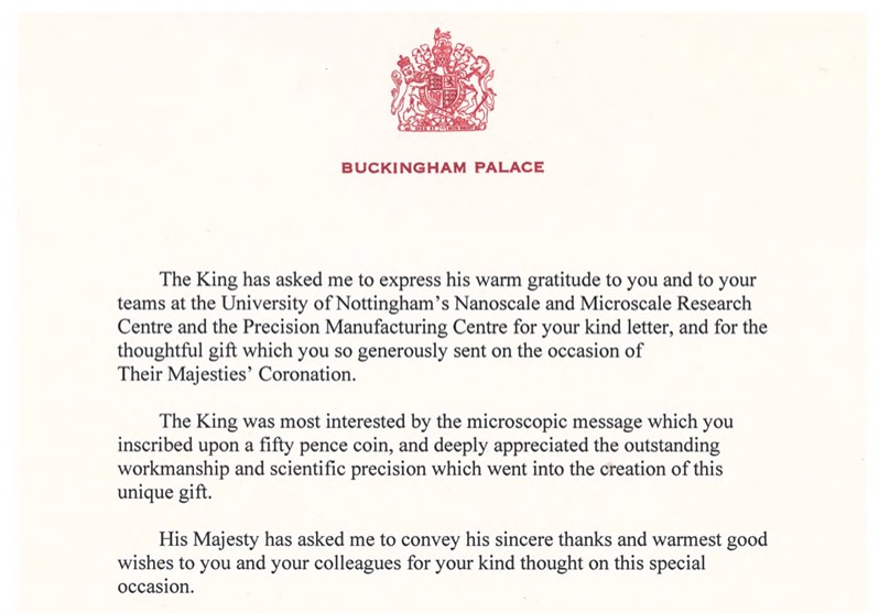 We are absolutely thrilled to receive this letter from Buckingham Palace for the special gift we sent on behalf of the @UniofNottingham to commemorate the Coronation - The Coronation Coin. Thanks to everyone involved both at the nmRC and the @UoNPMC for their hard work.