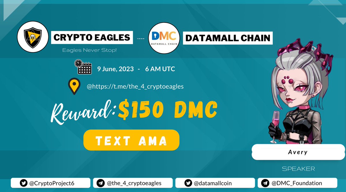 CryptoProject6's tweet photo. We are pleased to announce our next Text AMA on June 9, 2023 at 6 AM UTC.

@CryptoProject6
 x 
@datamallcoin

Reward : $150 DMC
Requirements:
Follow :-
✅@CryptoProject6
✅ @datamallcoin
Like, RT, Tag your 3 Friends. https://t.co/blqBGHdk91