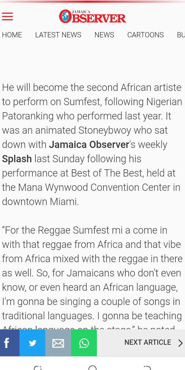Before his performance, @stonebwoyb was featured in Jamaica Star Newspaper. Right after he performed as the first Ghanaian and Second African on the Reggae Sumfest stage in 2018, he again was featured in Jamaica Observer Newspaper. Two of the top Jamaican Daily Newspapers.
