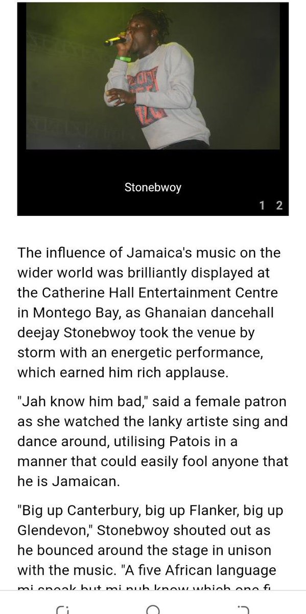 StonebwoyMuseum's tweet photo. Before his performance, @stonebwoyb was featured in Jamaica Star Newspaper. Right after he performed as the first Ghanaian and Second African on the Reggae Sumfest stage in 2018, he again was featured in Jamaica Observer Newspaper. Two of the top Jamaican Daily Newspapers. https://t.co/DRBQFe5ej4