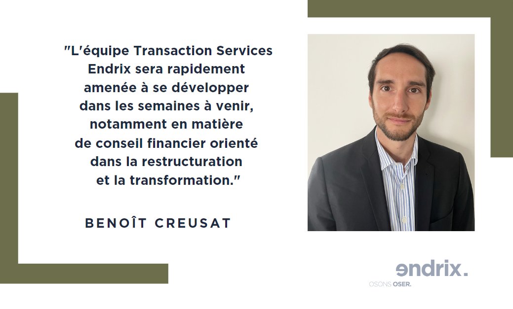 Endrix structure son 𝐨𝐟𝐟𝐫𝐞 𝐞𝐧 𝐜𝐨𝐧𝐬𝐞𝐢𝐥 𝐟𝐢𝐧𝐚𝐧𝐜𝐢𝐞𝐫 avec l’arrivée de @Benoît Creusat en qualité de 𝐃𝐢𝐫𝐞𝐜𝐭𝐞𝐮𝐫 𝐓𝐫𝐚𝐧𝐬𝐚𝐜𝐭𝐢𝐨𝐧 𝐒𝐞𝐫𝐯𝐢𝐜𝐞𝐬👉 lnkd.in/dtpPMGPr