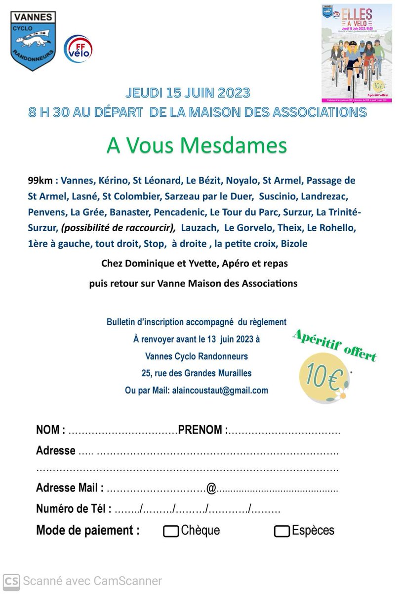 Journée Féminines au Vannes Cyclo Randonneurs c'est le 15 juin !
Pour une belle organisation,  cest sur inscription à alaincoustaut@gmail.com 
<a href="/FFVelo_officiel/">FFVélo</a>