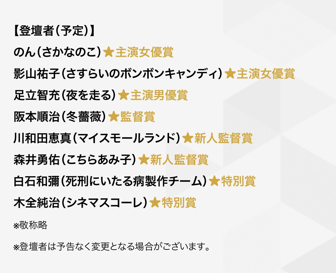SATORIITO's tweet image. 6/17(土)テアトル新宿にて
第32回「#日本映画プロフェッショナル大賞」受賞式を開催します。

審査員もしておりますが
登壇ゲストや花束ゲストが来る受賞式はコロナ禍以降久しぶり。
のんさんや、影山祐子さん、足立智充さん、阪本順治監督他、沢山の監督も来場。詳しくは↓
ttcg.jp/theatre_shinju…