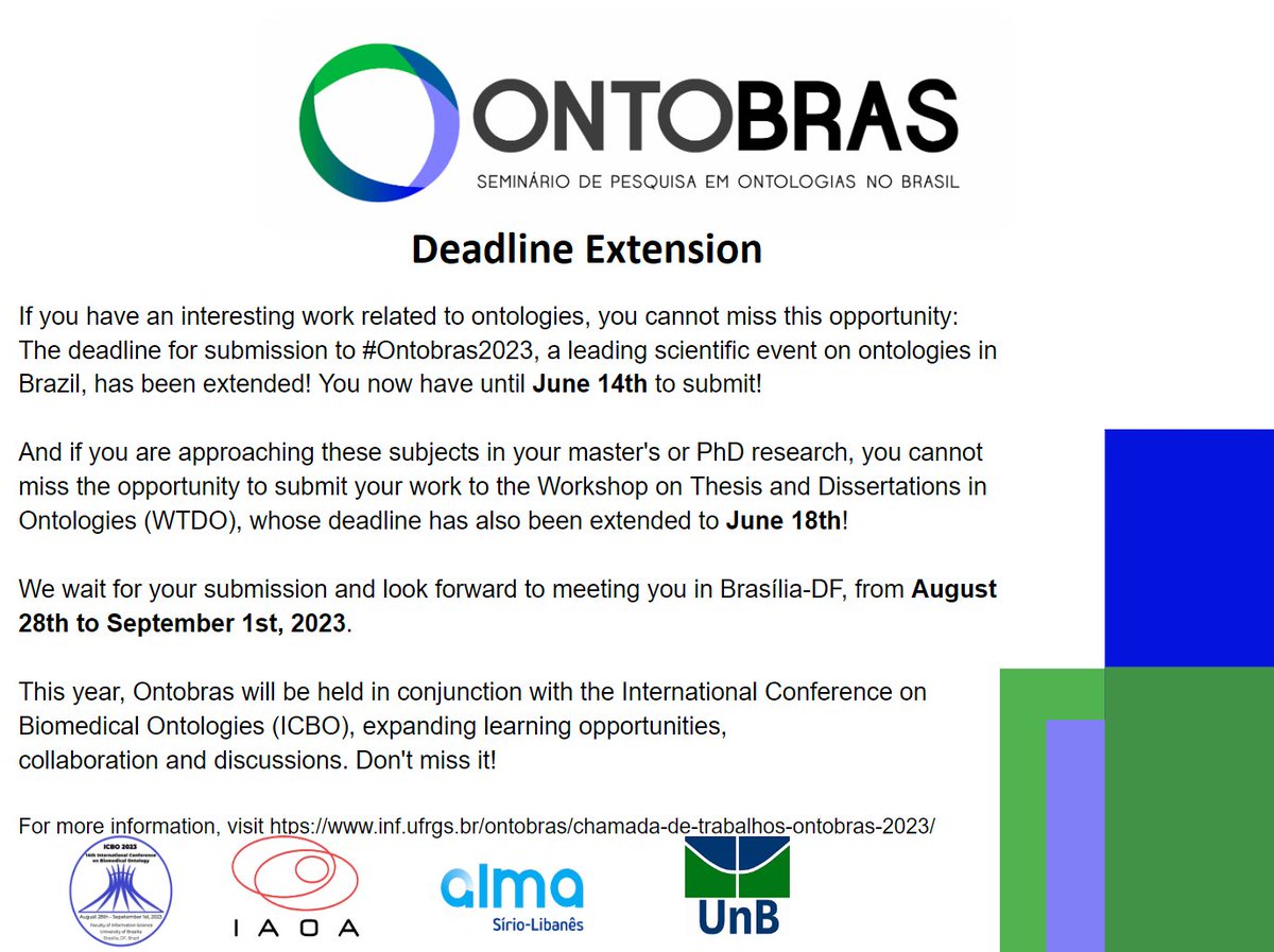 Have you seen our deadline extension?
You can submit your work to the main track of #ontobras2023 until June 14th and to WTDO until June 18th!