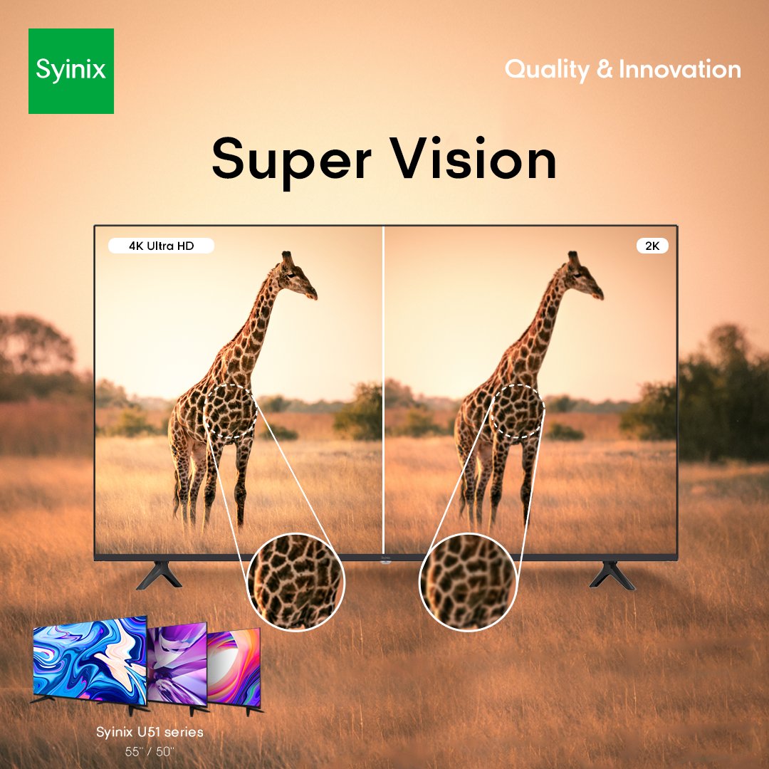 SyinixKE's tweet image. You were right!😍
Super Vision has ultra-high definition 4K resolution, bringing bright, vivid colors and four times as many pixels as FHD TVS.
The U51 series is a must have 😉😉
#androidtvs #u51series #syinixelectronicsKE