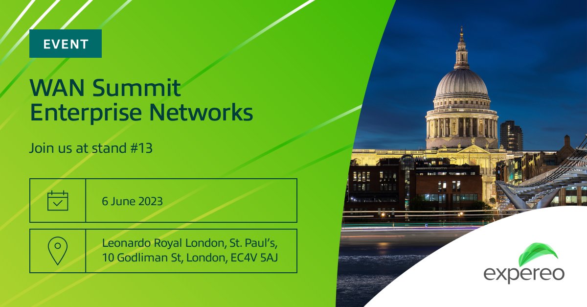 Expereo is proud to be a silver sponsor of this year's WAN Summit Enterprise Networks in London, taking place today, 6 June 2023.

Come meet the team at stand #13 and we look forward to seeing you soon in London.

#WANSummit #WANSummitEnterpriseNetworks #FastertotheFuture