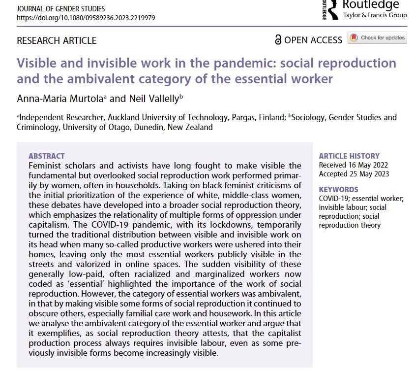 Neil Vallelly (@neilvallelly) on Twitter photo Delighted to have this co-authored piece (with my colleague Anna-Maria Murtola) on social reproduction and the essential worker published in <a href="/Gender_Journal/">Journal of Gender Studies</a>. They've made it open-access too, so fill your boots...
tandfonline.com/doi/full/10.10… Delighted to have this co-authored piece (with my colleague Anna-Maria Murtola) on social reproduction and the essential worker published in <a href="/Gender_Journal/">Journal of Gender Studies</a>. They've made it open-access too, so fill your boots...
tandfonline.com/doi/full/10.10…