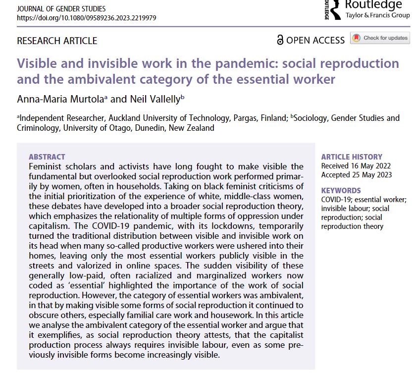 Delighted to have this co-authored piece (with my colleague Anna-Maria Murtola) on social reproduction and the essential worker published in @Gender_Journal. They've made it open-access too, so fill your boots... tandfonline.com/doi/full/10.10…