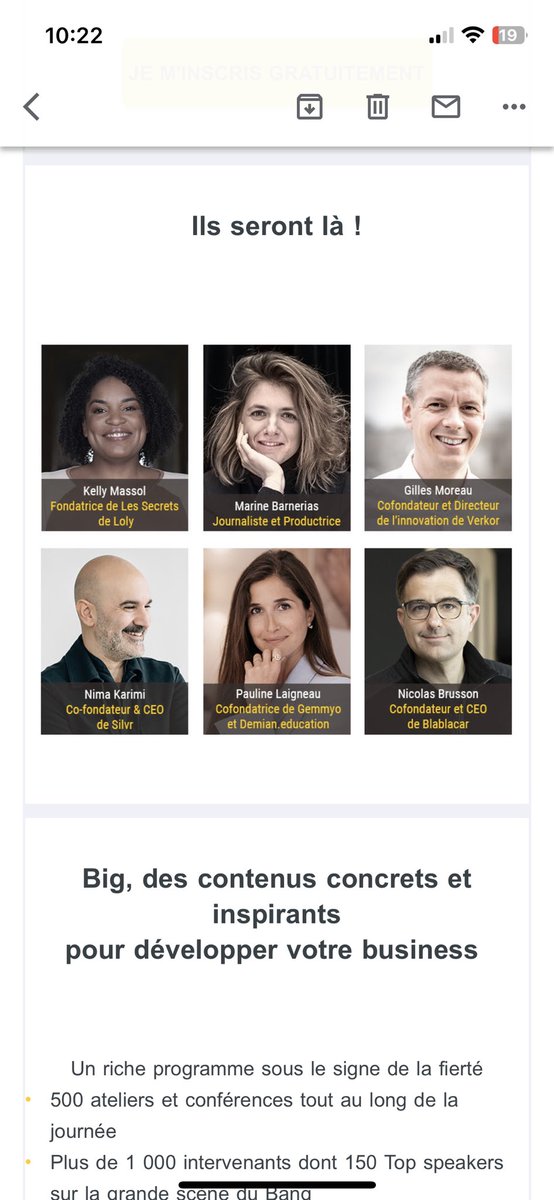 JRD Experiences (@jrd_experiences) on Twitter photo #Big2023 <a href="/Bpifrance/">Bpifrance</a>
Ils seront là : <a href="/plaigneau/">Pauline Laigneau</a> Kelly Massol Nima Karimi #silvr <a href="/GemmyoParis/">Gemmyo</a>
Marine Barnerias <a href="/BlaBlaCar_FR/">BlaBlaCar France</a> Nicolas Brusson Cofondateur et CEO #Big2023 <a href="/Bpifrance/">Bpifrance</a>
Ils seront là : <a href="/plaigneau/">Pauline Laigneau</a> Kelly Massol Nima Karimi #silvr <a href="/GemmyoParis/">Gemmyo</a>
Marine Barnerias <a href="/BlaBlaCar_FR/">BlaBlaCar France</a> Nicolas Brusson Cofondateur et CEO