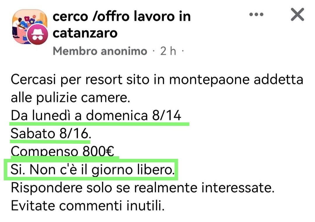 7 giorni su 7 e una paga che è una miseria: 4,5€ l'ora.

Ogni lavoratore ha diritto ad almeno 24 ore di riposo ogni 6 giorni consecutivi di lavoro.
Il lavoro offerto è assolutamente fuori legge.

Banditi, ecco cosa sono.

Controlli dell'@INL_gov e #salariominimo di 10€ l'ora!