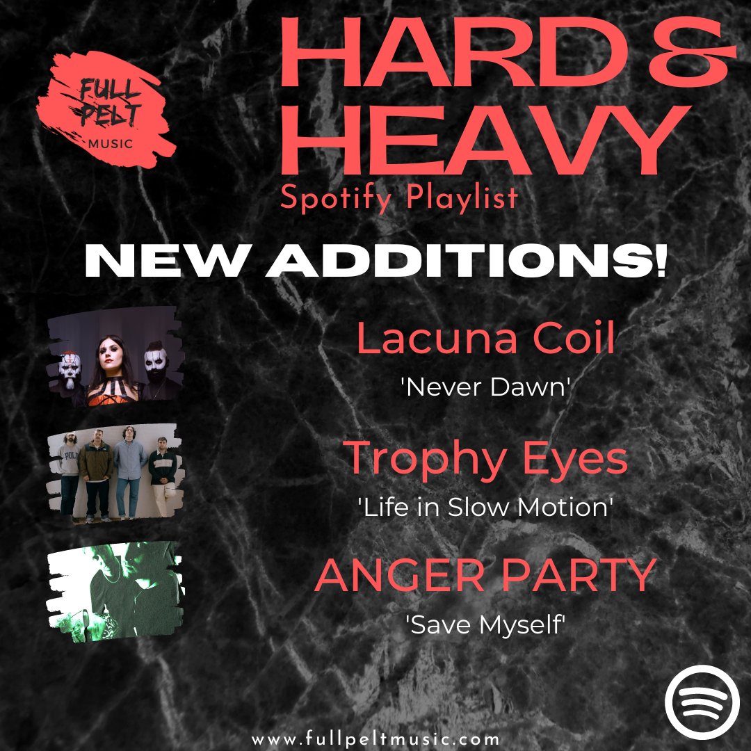 Full Pelt Music (@fullpeltmusic) on Twitter photo NEW ADDITIONS to our 'Hard & Heavy' Playlist:
<a href="/lacuna_coil/">Lacuna Coil</a> - 'Never Dawn'
<a href="/trophyeyesmusic/">Trophy Eyes</a> - 'Life in Slow Motion'
<a href="/angerparty/">๐๐ก๐๐๐ฅ ๐ฃ๐๐ฅ๐ง๐ฌ</a> - 'Save Myself'
Listen + Follow ๐
bit.ly/3HIAzyZ
News Report ๐
bit.ly/3qfR4MH NEW ADDITIONS to our 'Hard & Heavy' Playlist:
<a href="/lacuna_coil/">Lacuna Coil</a> - 'Never Dawn'
<a href="/trophyeyesmusic/">Trophy Eyes</a> - 'Life in Slow Motion'
<a href="/angerparty/">๐๐ก๐๐๐ฅ ๐ฃ๐๐ฅ๐ง๐ฌ</a> - 'Save Myself'
Listen + Follow ๐
bit.ly/3HIAzyZ
News Report ๐
bit.ly/3qfR4MH