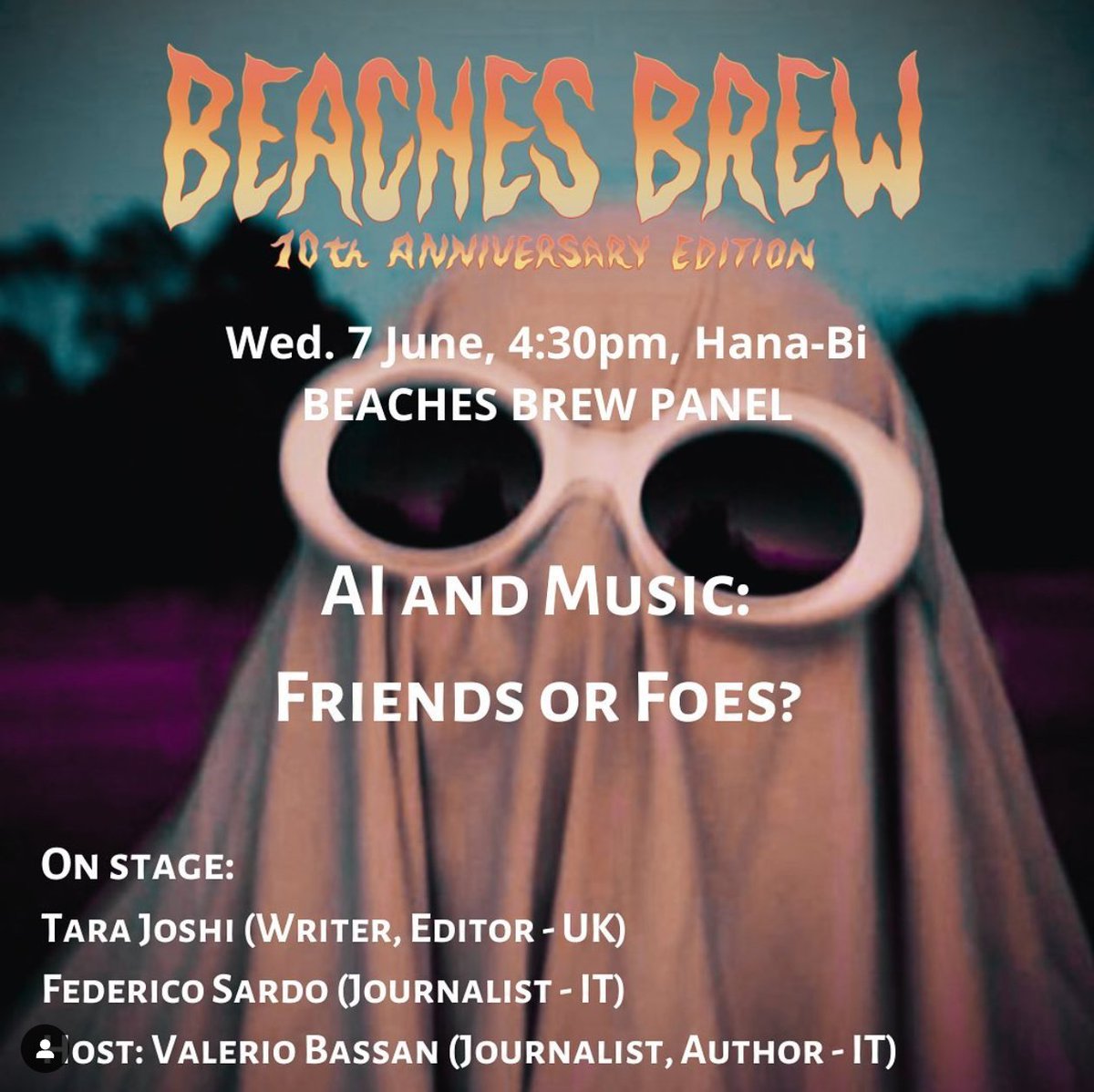 🚩 Beaches Brew Panel
AI and Music: Friends or Foes? 🔮

📍 Wednesday, June 7th | Hana-Bi

On stage: London-based writer & editor Tara Joshi (@tara_dwmd) Italian journalist Federico Sardo (@justthatsome) Host: Journalist & author Valerio Bassan (@valeriobassan) 

(1/2)