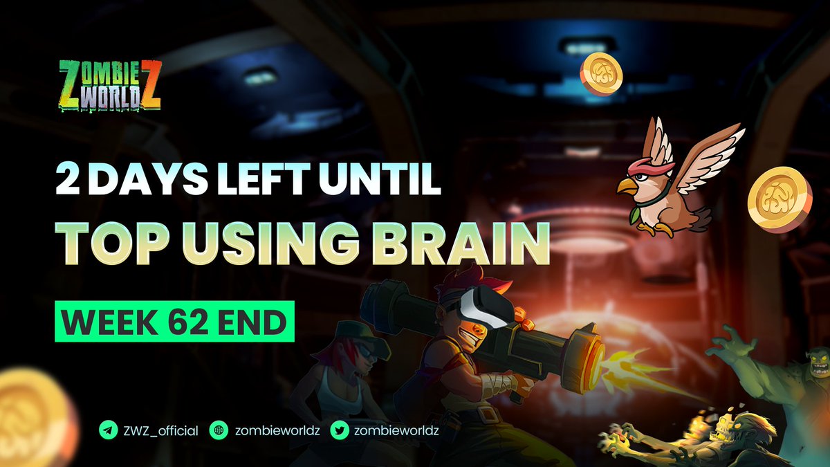 📣 2 DAYS LEFT UNTIL TOP USING BRAIN WEEK 62 END 📣

💪 Try your best to reach the TOP race; so many attractive rewards are waiting for you!

🙌 Don't miss the opportunity to be honored in the Glory Board of Zombie World Z

👉 Detail: t.me/zombieworldz/9…

#ZombieWorldZ #ZWZ