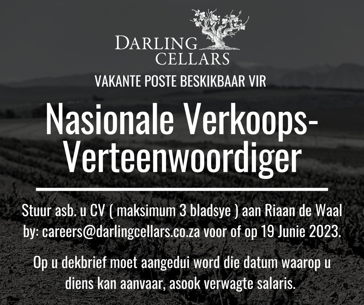 Vakante pos - Nasionale Verkoops-verteenwoordiger

Darling Cellars benodig ‘n verkoops-verteenwoordiger met as hooffokus die skakeling met ons Nasionale Verspreider.

Vir meer inligting, volg asb hierdie skakel: linkedin.com/feed/update/ur…