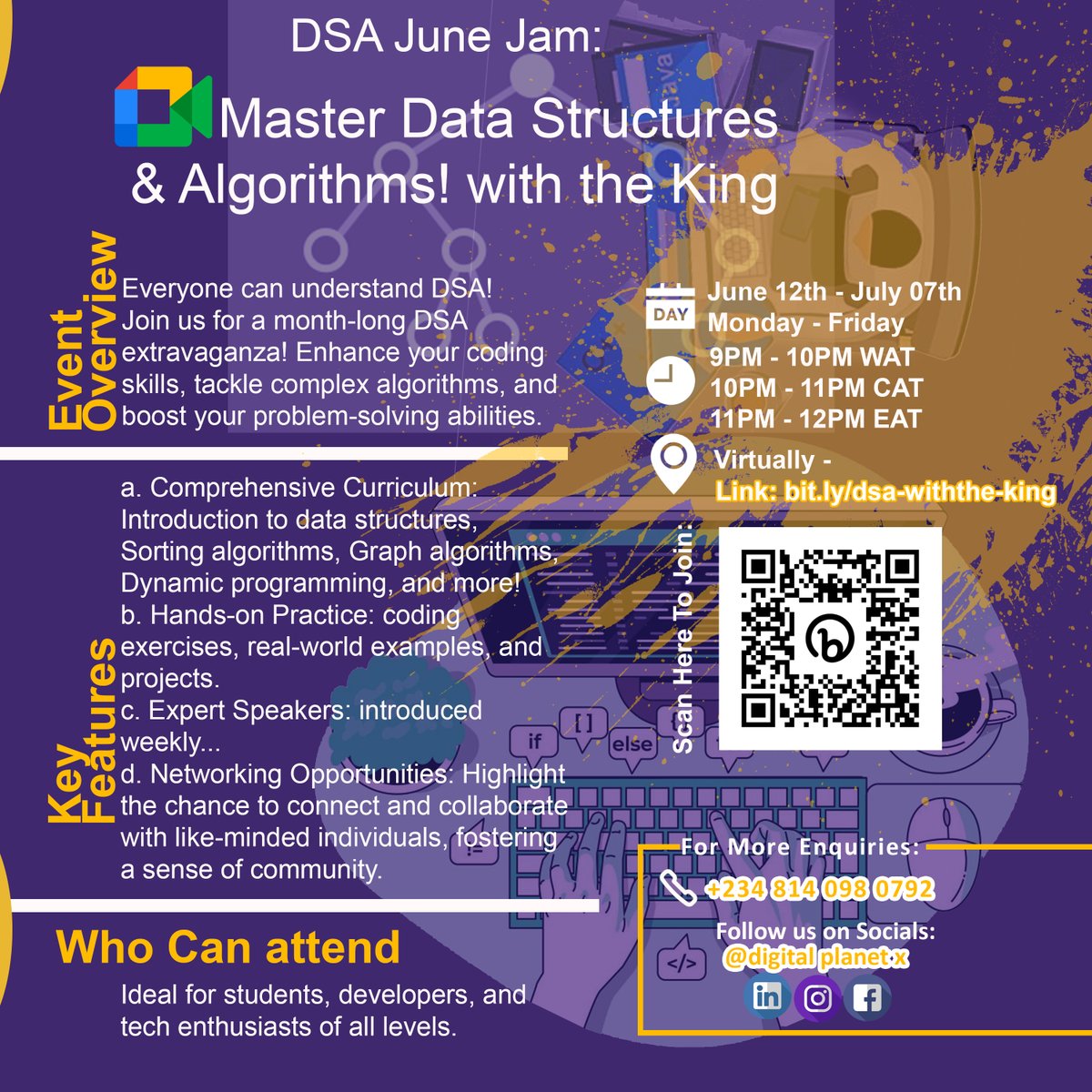 Digital Planet X is hosting Master Data Structures and Algorithms with the King!. Would you like to attend? linkedin.com/events/masterd… 

#DataStructure #Algorithm #TechEvent #LearningDSA #Programming #Coding #TechCommunity #SoftwareDevelopment #TechEducation #ComputerScience #Tech