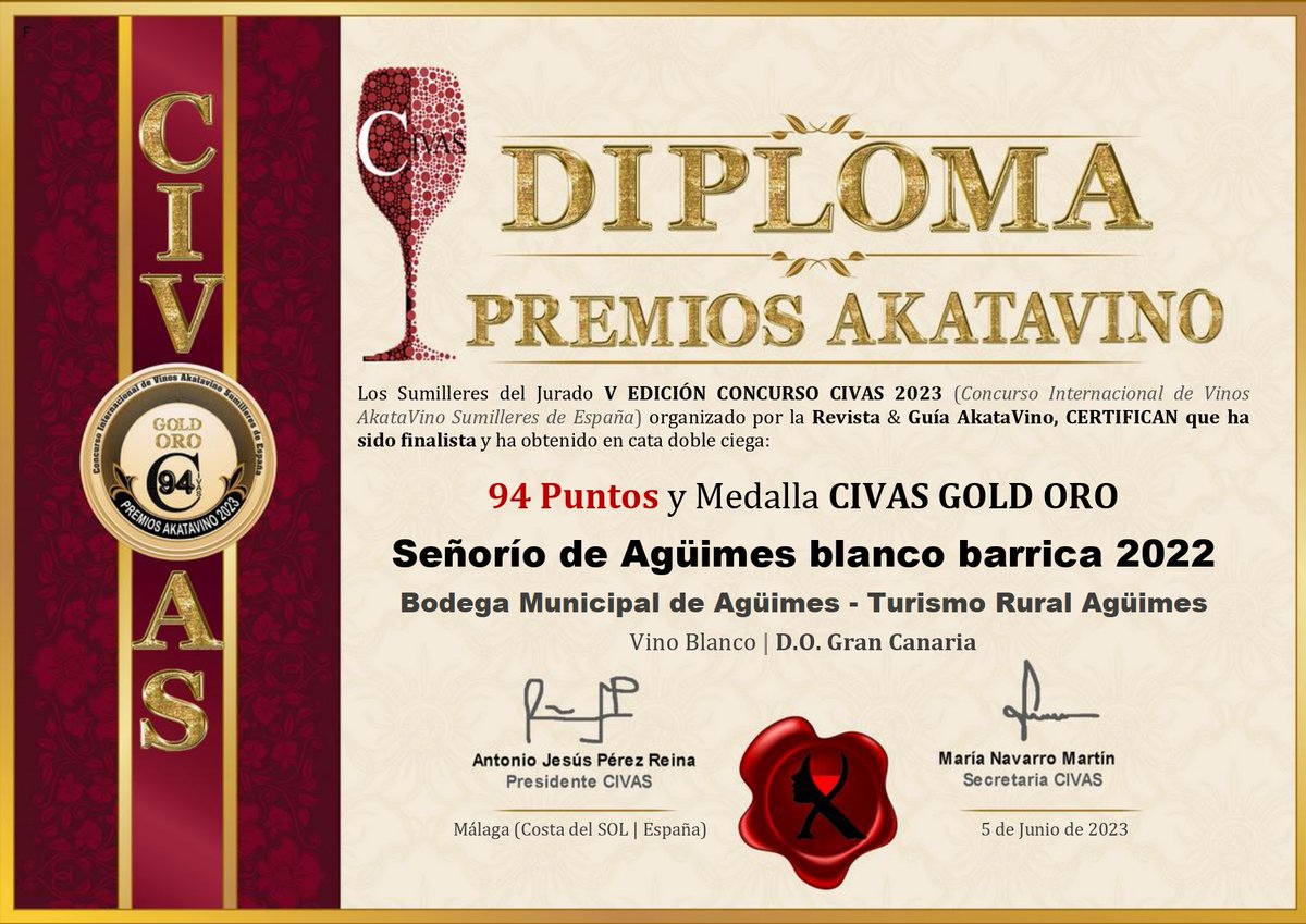 yessamarc's tweet photo. #bodegamunicipal Enhorabuena al sector vitivinícola, la nueva cosecha de vinos "Señorío de Agüimes" entre las mejores de España, obtiene CIVAS DE ORO (blanco de barrica) y CIVAS CON DISTINCIÓN (tinto joven) en el Concurso Internacional de vinos Akatavinos de Sumilleres de España. https://t.co/oJLX0BBE4z