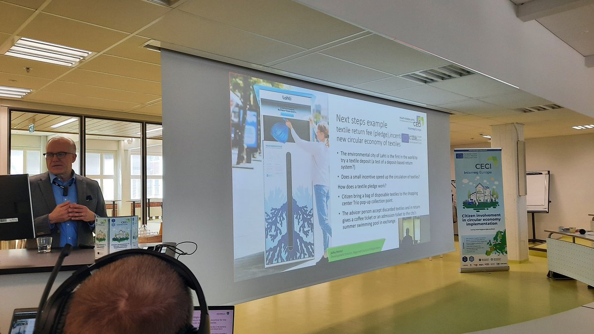Wow for Lahti! <a href="/hzJuha/">Juha Hertsi</a> from <a href="/PHliitto/">Päijät-Hämeen liitto</a> points out the new pilot on #textile deposit incentive for #citizens to bring disposable textiles in return for a #coffee ticket in Lahti. <a href="/EuropeCECI/">CECI Interreg Europe project</a> final event. <a href="/interregeurope/">Interreg Europe</a> @GreenLahti2021