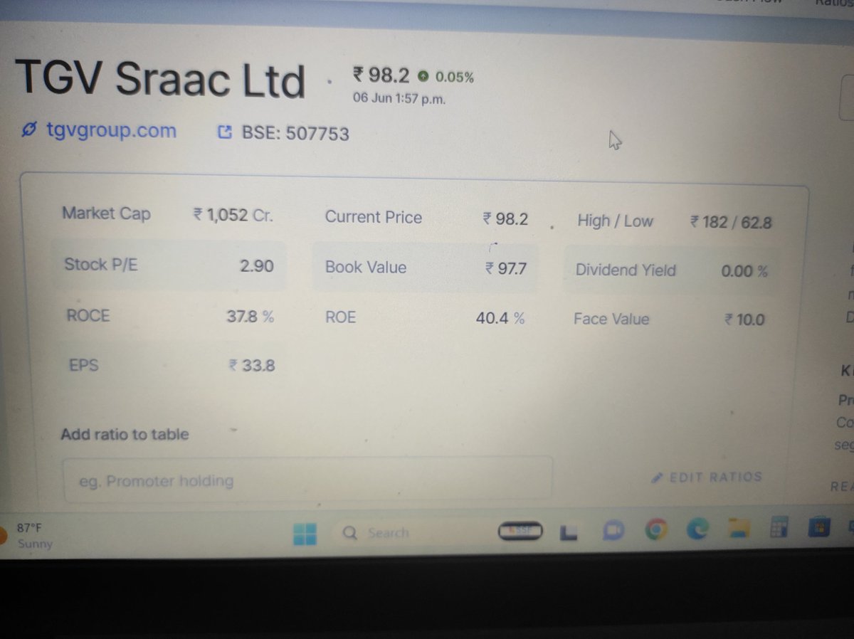 Value pick. 
TGV Sraac Ltd. Cmp. 98.05.
SL 95.. Target 150..
Best EPS
Best ROE. 
FV. 10
P/E 2.9.. Best in sector. 
Promotor holding. 63%
LessDebt
Mkt cap 1000 crs. 
Sector. Betten down chemical sector. 
Solar power produced for internal use. 
Chart.. Consolidation last 3 month..