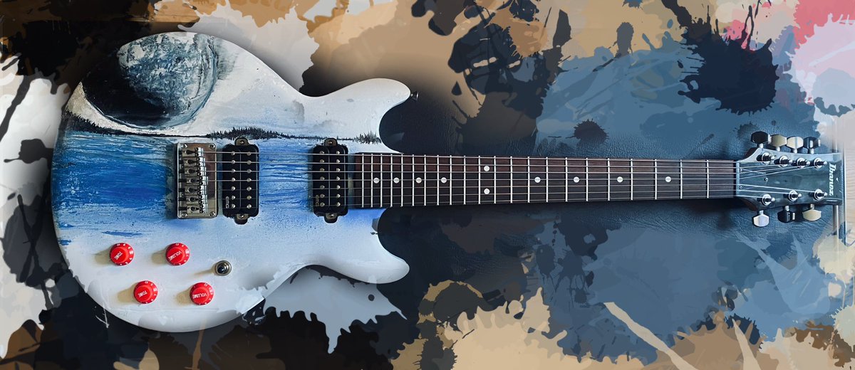 cruelmelodyband's tweet photo. I finally finished my spray paint custom seven string guitar, the only way I can get a custom guitar. #ibanez #customguitar #creative #7string #ibanezsevenstring #electricguitar #spraypaintart #retroactivepickups #retroactive #emgs #emgpickups https://t.co/Q6NgtD9Eta