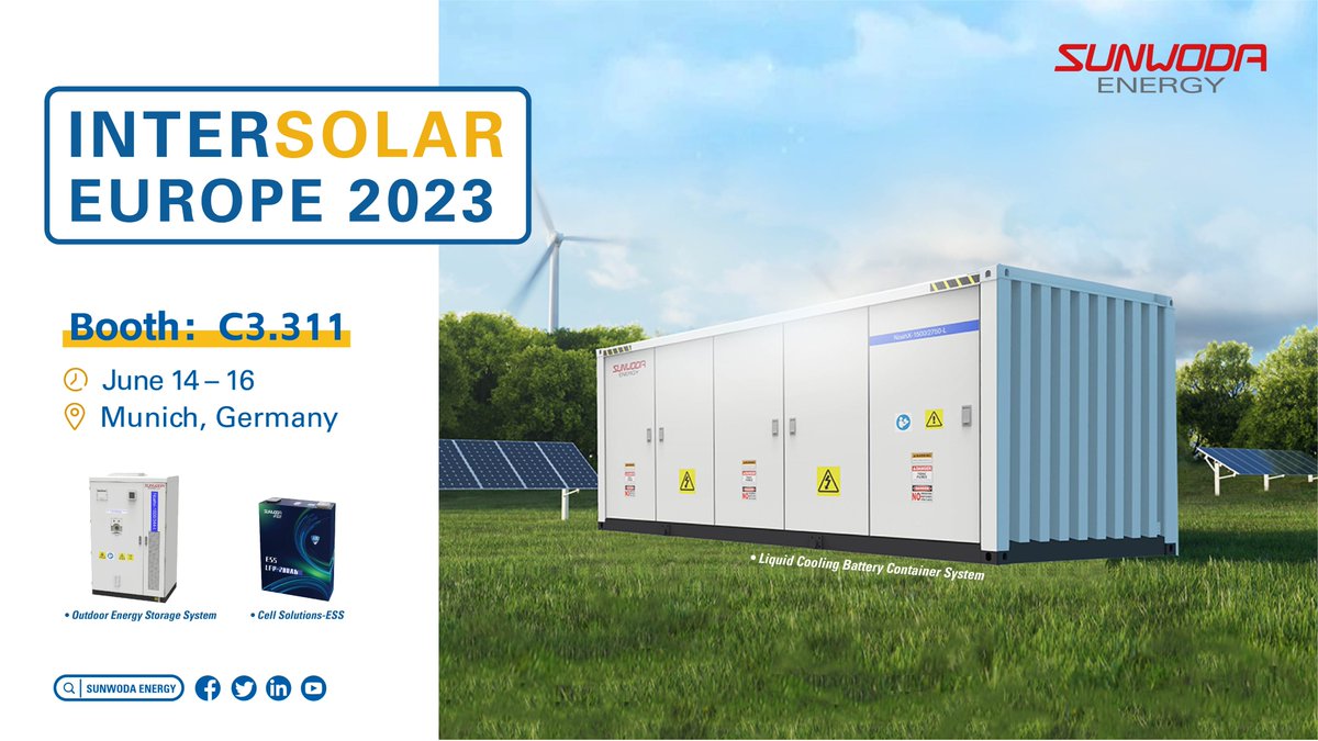 SunwodaE's tweet photo. At this year's Intersolar Europe, we are going to showcase our latest liquid cooling containerized BESS integrated with Sunwoda battery cells.

Schedule a meeting at the event and learn how we can help you optimize your renewable energy projects.

 #EnergyStorage #intersolar https://t.co/pF5B48B9Ao