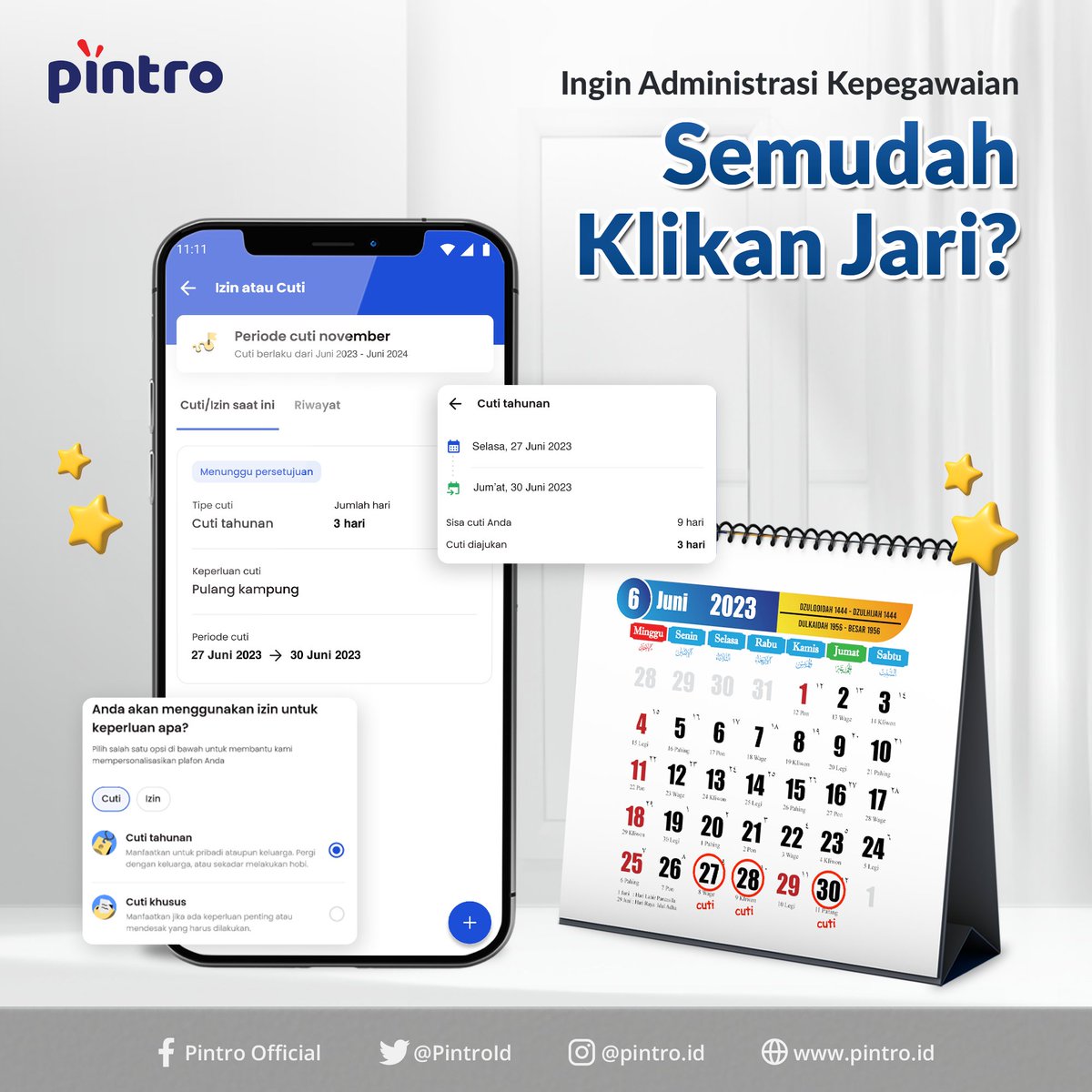 Ingin administrasi kepegawaian mudah semudah klikan jari tanpa perlu mengisi form kertas dan menunggu approval tanpa kepastian? Sudah saatnya lembaga pendidikan Bapak/Ibu Guru merekomendasikan Pintro HRIS ke manajemen! 

Yuk hubungi tim kami di 081283374836 
#edtech #HRsystem