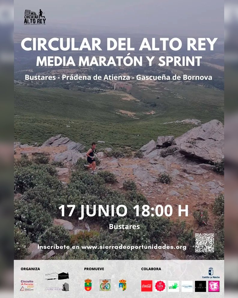🏃‍♀️ ¡Aún tenemos más carreras este MES! El 17 de JUNIO llega el CIRCULAR DEL ALTO REY.

➡️ Distancia: Media Maratón 21 Km, Sprint 9 Km y Caminata 9 Km
🕋 Lugar: Bustares
🕐Hora de Salida (Caminata): 10:30 h
🕐Hora de Salida (Maratón y Sprint): 18:00 h
