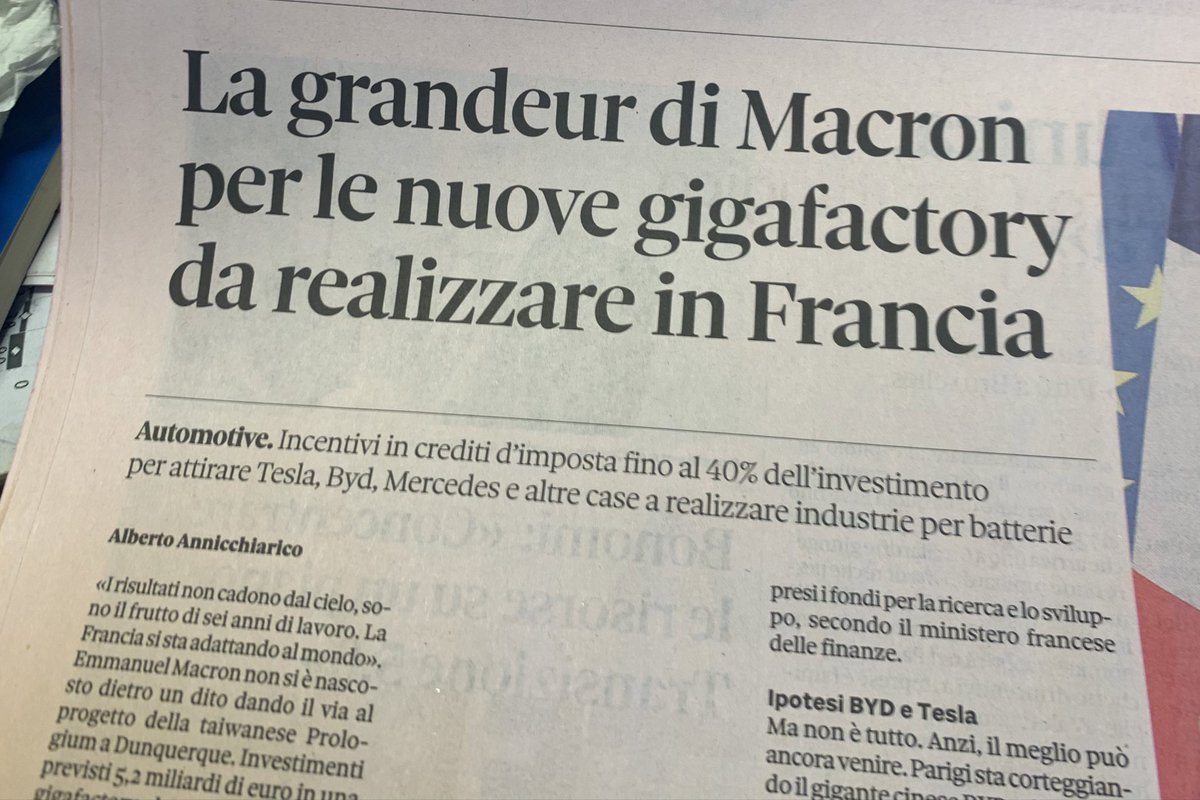 Macron intanto avvia gigafactory batterie di Stellantis e della taiwanese Prologium, e di microchips StM: invece di disperderli in mille rivoli i 100mld di Relance France sono concentrati in maxi incentivi a investimenti imprese. Noi stiam qui a baloccarci da 9mesi senza sapere