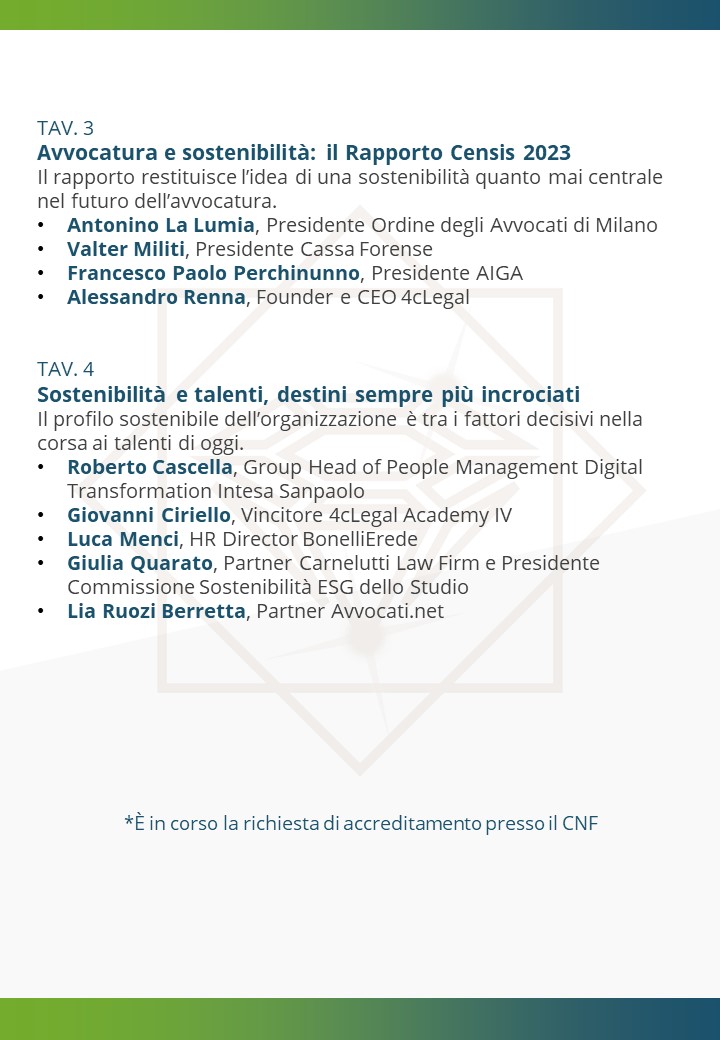 Ora live presso la sede 4cLegal la terza edizione della #ConventionsullaSostenibilità nel #MercatoLegale con top player di mercato. Iscriviti allo streaming del 14 giugno ▶️ news.4clegal.com/convention-sul…
Scopri i temi e i protagonisti: scorri il programma 👇