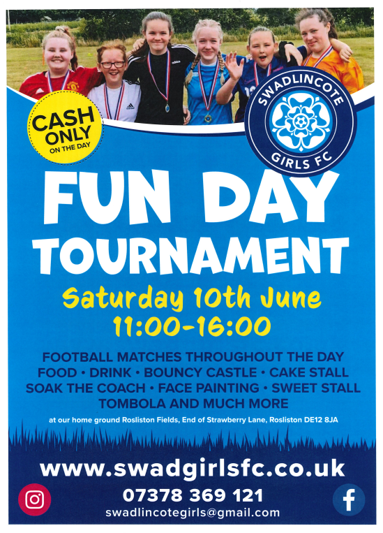 We'd like to share the following poster with our families, to support our friends at Swadlincote Girls FC. Pop along to their fun day, this Saturday (10th June), to support our local girls and have lots of fun with the various activities happening during the day! ⚽️💙