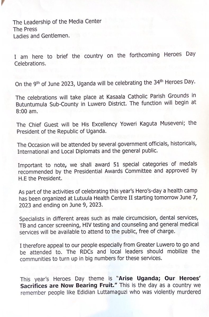On the 9th of June 2023, #Uganda will be celebrating the 34th Heroes Day. The celebrations will take place at Kasaala Catholic Parish Grounds in Butuntumula Sub-County in Luwero District. #HeroesDay23 Press Statement🚦🚥 by @millybabalanda. @UgandaMediaCent