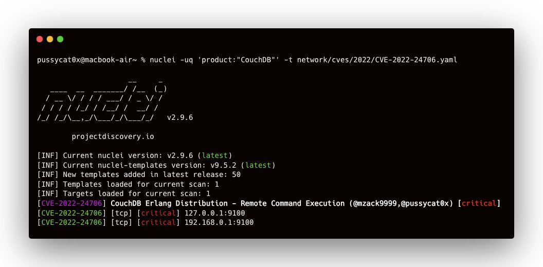 CouchDB Erlang Distribution - Remote Command Execution(CVE-2022-24706) CRITICAL 🚨

nuclei -t  /network/cves/2022/CVE-2022-24706.yaml -l ips.txt 

@pdnuclei   Link: 
github.com/projectdiscove…

Follow the thread to see how the template created 😼 
#hackwithautomation #pdteam #nuclei