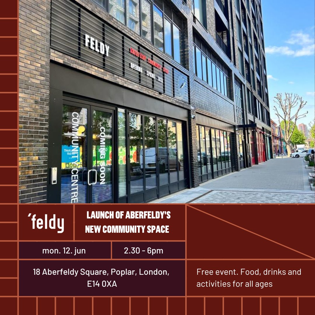 Get ready for The Feldy ! 🤩  @PoplarHARCA are holding a small celebration at The Feldy – the new community space in Aberfeldy Square – on Monday, 12 June from 2.30-6pm, and the more the merrier! 🎉  Expect refreshments and entertainment, as well as an opportunity to explore!